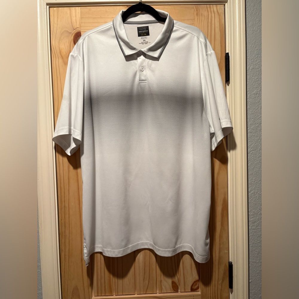 Greg Norman Shirt Mens XXL Tasso Elba White Gray Polo Short Sleeve Polyester